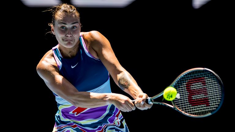 MELBOURNE, VIC - JANUARY 25: Aryna Sabalenka of Belarus in action during the Quarterfinals of the 2023 Australian Open on January 25 2023, at Melbourne Park in Melbourne, Australia. (Photo by Jason Heidrich/Icon Sportswire) (Icon Sportswire via AP Images)