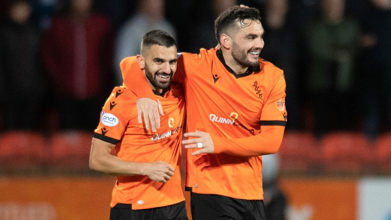 DUNDEE, SCOTLAND - OCTOBER 08: Dundee United's Aziz Behich and Tony Watt celebrate making it 1-0 during a cinch Premiership match between Dundee United and Aberdeen at Tannadice, on October 08, 2022, in Dundee, Scotland. (Photo by Mark Scates / SNS Group)