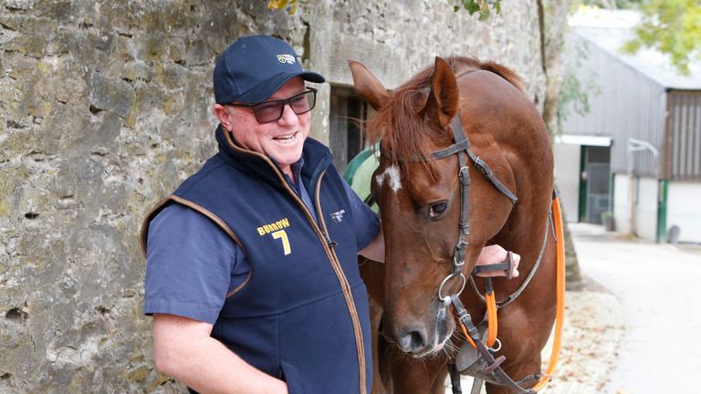 Trainer Jedd O&#39;Keefe poses with Beep Beep Burrow at his base in Middleham