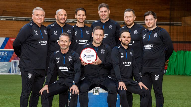 GLASGOW, SCOTLAND - JANAURY 06: Michael Beale is named cinch Premiership Manager of the Month for December alongside his backroom staff at the Rangers Training Centre, on January 06, 2023, in Glasgow, Scotland.  (Photo by Rob Casey / SNS Group)
