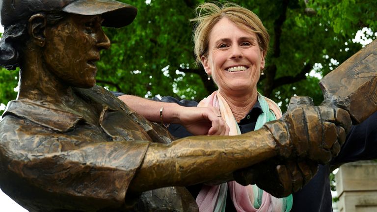 Belinda Clark poses at the unveiling of her statue 