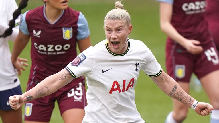 Spurs new signing Bethany England celebrates her goal against Aston Villa