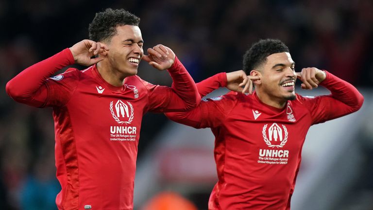 Brennan Johnson celebrates scoring the opening goal with team-mate Morgan Gibbs-White