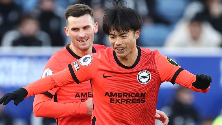 Kaoru Mitoma celebrates after opening the scoring for Brighton at Leicester