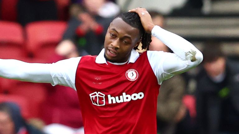 Antoine Semenyo celebrates after scoring Bristol City's equaliser against Swansea