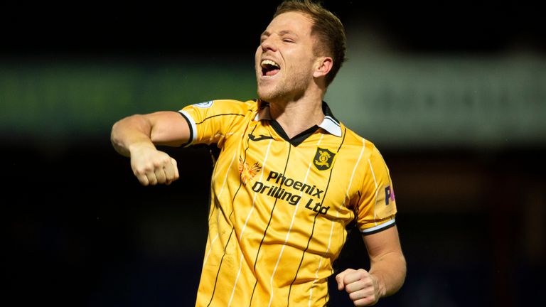 DINGWALL, SCOTLAND - JANUARY 07: A jubilant Bruce Anderson after his double secured a 2-0 win in a cinch Premiership match between Ross County and Livingston at the Global Energy Stadium, on January 07, 2023, in Dingwall, Scotland. (Photo by Ross MacDonald / SNS Group)