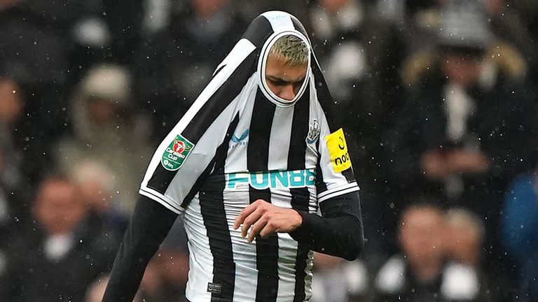 Bruno Guimaraes leaves the pitch after being sent off