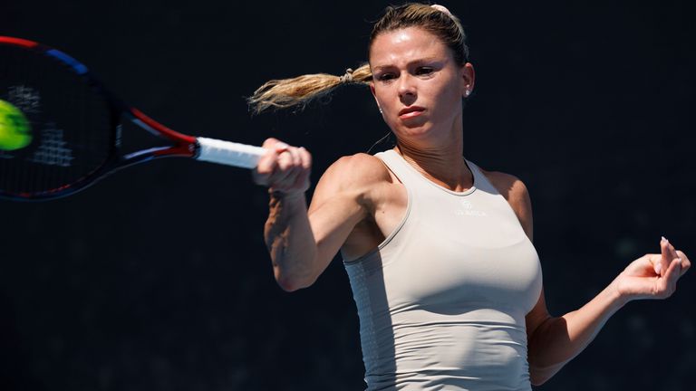 January 17, 2023: Camila GIORGI of Italy in action against Anastasia PAVLYUCHENKOVA in the Women&#39;s Singles match on day 2 of the 2023 Australian Open on Rod Laver Arena, in Melbourne, Australia. Sydney Low/Cal Sport Media. (Credit Image: .. Sydney Low/CSM via ZUMA Press Wire) (Cal Sport Media via AP Images)