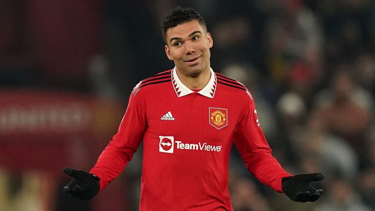 Manchester United&#39;s Casemiro celebrates scoring his second goal against Reading