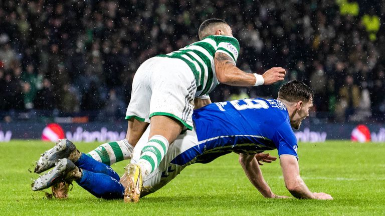 GLASGOW, SCOTLAND - JANUARY 14: Penalty appeal for Kilmarnock when Celtic's Giorgos Giakoumakis collides with Joe Wright during a Viaplay Cup semi-final match between Celtic and Kilmarnock at Hampden Park, on January 14, 2023, in Glasgow, Scotland .  (Photo by Alan Harvey / SNS Group)