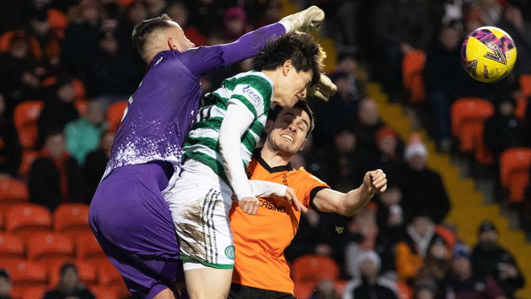 Celtic are awarded a penalty before VAR rules it out after Mark Birighitti clashes with Kyogo Furuhashi