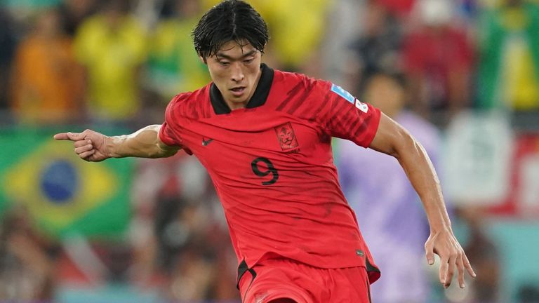 DOHA, QATAR - DECEMBER 5: South Korea's Cho Gue-sung passes the ball during the FIFA World Cup Qatar 2022 round of 16 match between Brazil and South Korea at Stadium 974 on December 5, 2022 in Doha, Qatar.  (Photo by Florencia Tan Jun/PxImages/Icon Sportswire) (Icon Sportswire via AP Images)