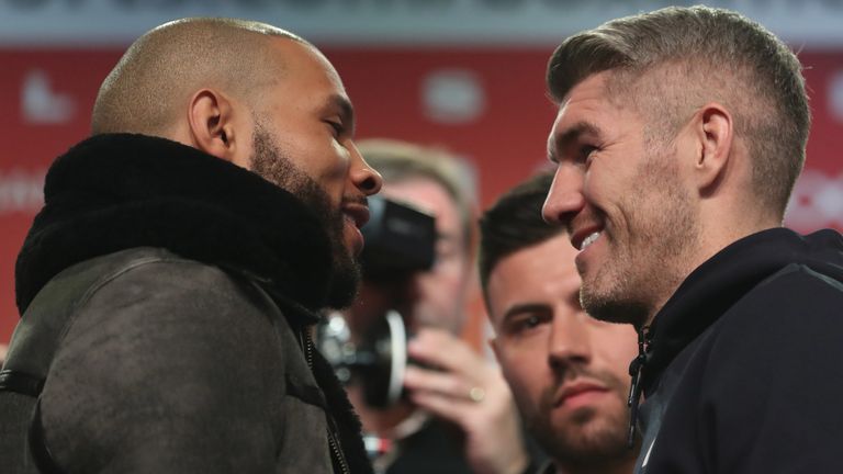Liam Smith smiles at Chris Eubank Jr during a face off after their final press conference (Photos: Lawrence Lustig/BOXXER)