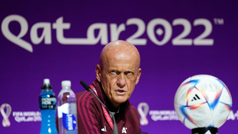 Chairman of the FIFA referees committee Pierluigi Collina reacts at a press conference of the FIFA referees at the World Cup media center in Doha, Qatar, Friday, Nov. 18, 2022.(AP Photo/Martin Meissner)