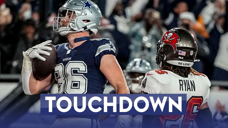 Dalton Schultz puts the Dallas Cowboys up in the first quarter, reaching up high to pick a Dak Prescott pass out of the sky