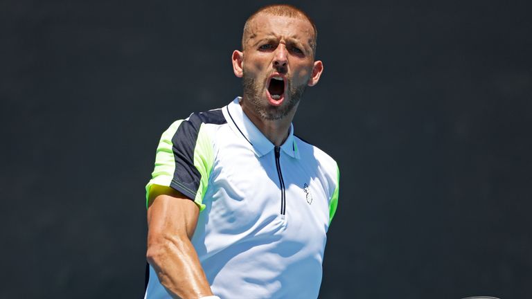 Dan Evans of Britain reacts during his first round match against Facundo Bagnis of Argentina at the Australian Open tennis championship in Melbourne, Australia, Tuesday, Jan. 17, 2023. (AP Photo/Asanka Brendon Ratnayake)