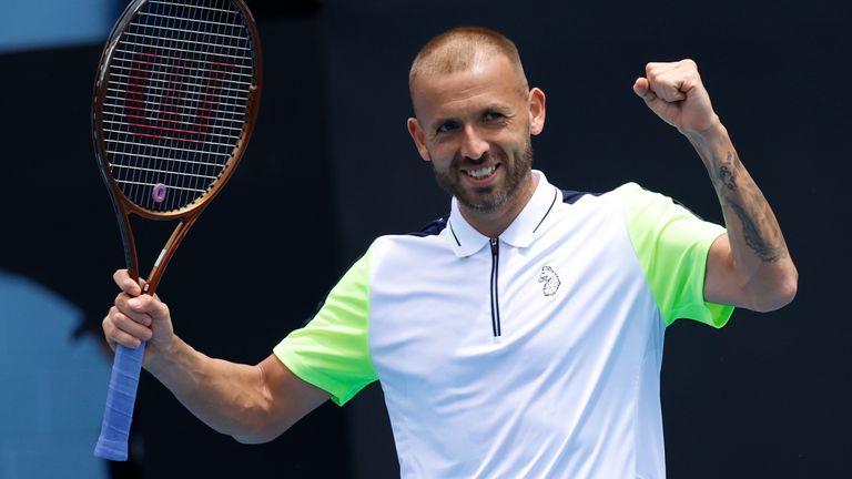 Dan Evans of Britain celebrates after defeating Jeremy Chardy of France in their second round match at the Australian Open tennis championship in Melbourne, Australia, Thursday, Jan. 19, 2023. (AP Photo/Asanka Brendon Ratnayake)