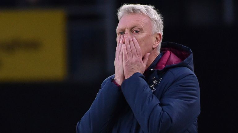 West Ham&#39;s David Moyes reacts as he watches