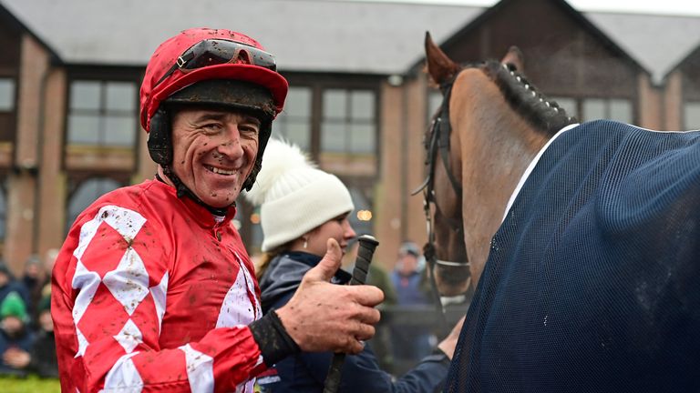 Jockey Davy Russell pictured in the winners enclosure after his comback win aboard Sa Fureur 