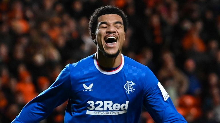 Malik Tillman wheels away in celebration after putting Rangers 2-0 up at Dundee United