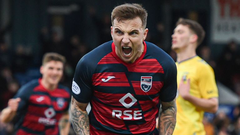 Ross County&#39;s Eamonn Brophy celebrates scoring to make it 1-0 during a cinch Premiership match against Kilmarnock