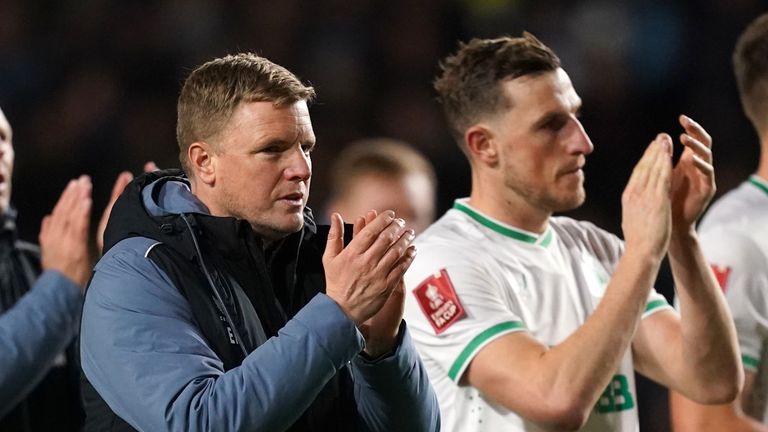 Newcastle United manager Eddie Howe applauds the fans after the Emirates FA Cup third round match at the Hillsborough Stadium, Sheffield. Picture date: Saturday January 7, 2023.