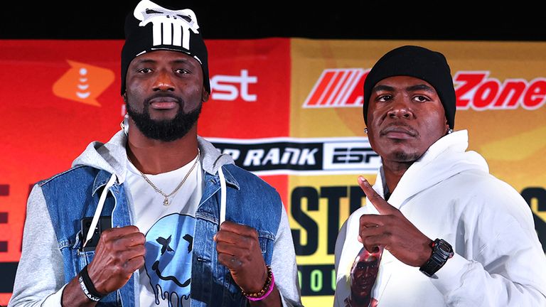 VERONA, NEW YORK - JANUARY 12: Efe Ajagba (L) and Stephan Shaw (R) pose during the press conference prior to their January 14 heavyweight fight at Turning Stone on January 12, 2023 in New York City. (Photo by Mikey Williams/Top Rank Inc via Getty Images)