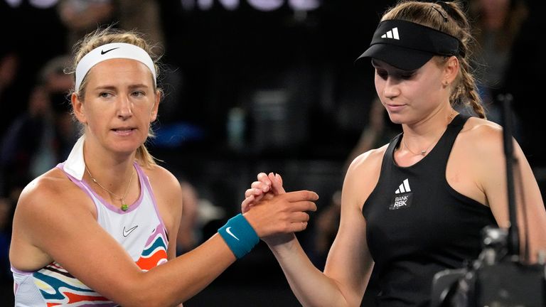 Elena Rybakina, right, of Kazakhstan, is congratulated by Victoria Azarenka of Belarus following their semifinal match at the Australian Open tennis championship in Melbourne, Australia, Thursday, Jan. 26, 2023. (AP Photo/Aaron Favila)