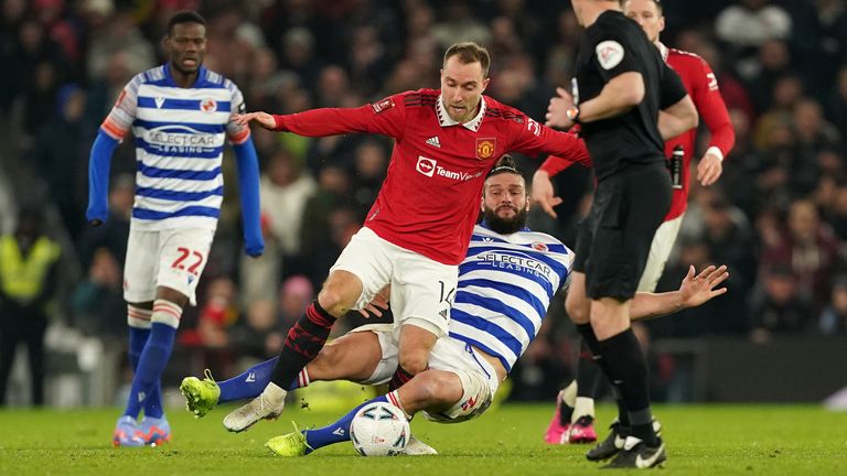 Man Utd's Christian Eriksen was injured following a tackle from Reading's Andy Carroll