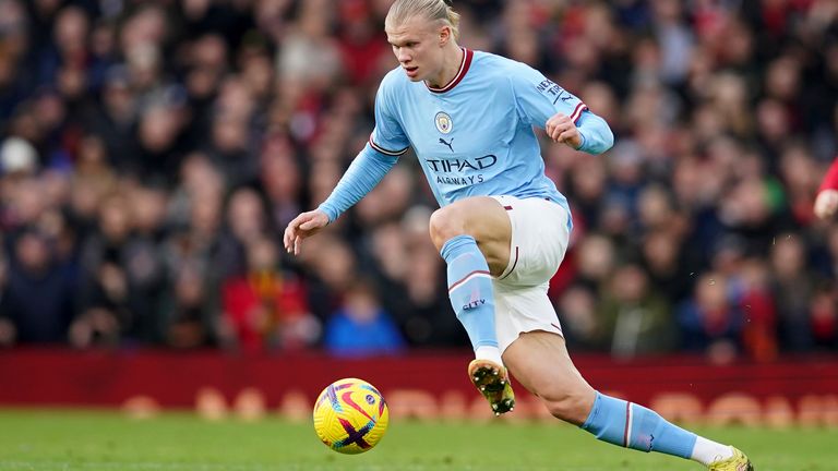 Erling Haaland in action during the Manchester derby at Old Trafford