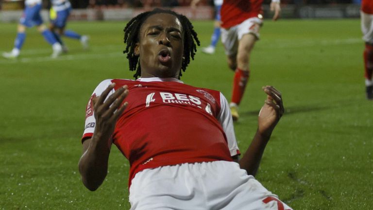Promise Omochere celebrates after giving Fleetwood Town a 2-1 lead against QPR