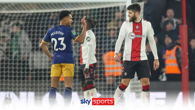 Newcastle&#39;s Jacob Murphy sarcastically waves Duje Caleta-Car off the pitch after the Southampton defender was sent off after picking up a second yellow card.