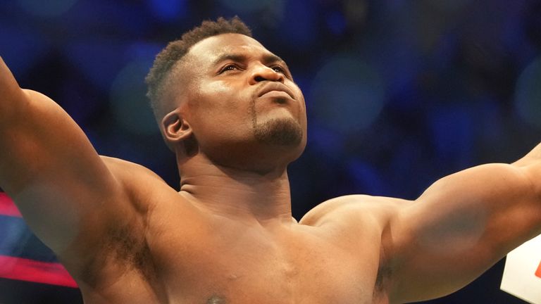 Francis Ngannou prepares to fight Ciryl Gane in their Heavyweight championship fight during UFC 270 on January 22, 2022, at Honda Center in Anaheim, California. (Photo by Louis Grasse/PxImages/Icon Sportswire) (Icon Sportswire via AP Images) 