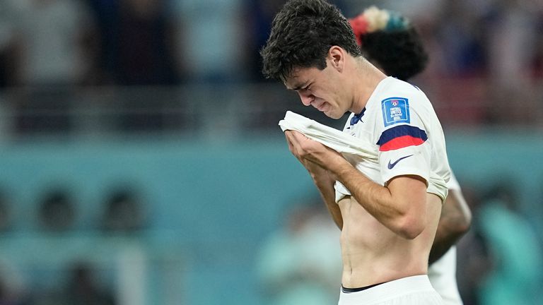 Gio Reyna of the United States is dejected after the World Cup round of 16 soccer match between the Netherlands and the United States, at the Khalifa International Stadium in Doha, Qatar, Saturday, Dec. 3, 2022. Netherlands won 3-1. (AP Photo/Ebrahim Noroozi)