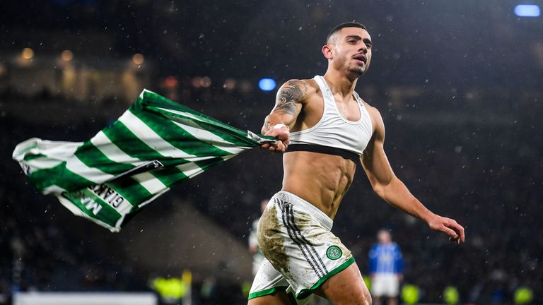 GLASGOW, SCOTLAND - JANUARY 14: Celtic's Giorgos Giakoumakis celebrates his goal to make it 2-0 during a Viaplay Cup Semi Final match between Celtic and Kilmarnock at Hampden Park, on January 14, 2023, in Glasgow, Scotland. (Photo by Craig Foy / SNS Group)