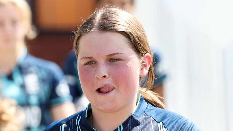 POTCHEFSTROOM, SOUTH AFRICA - JANUARY 21: Grace Scrivens of England looks on during the ICC Women&#39;s U19 T20 World Cup 2023 Super 6 match between Ireland and England at JB Marks Oval on January 21, 2023 in Potchefstroom, South Africa. (Photo by Matthew Lewis-ICC/ICC via Getty Images)
