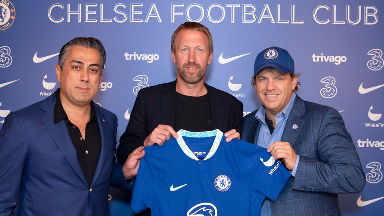 COBHAM, ENGLAND - SEPTEMBER 08: Co Owner Behdad Eghbali, Head Coach Graham Potter and Co Owner and Chairman of Chelsea Todd Boehly of Chelsea at Chelsea Training Ground on September 8, 2022 in Cobham, United Kingdom. (Photo by Darren Walsh/Chelsea FC via Getty Images)
