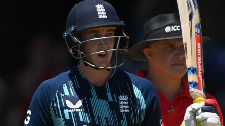 Harry Brook celebrates making a half-century in the second ODI between England and South Africa