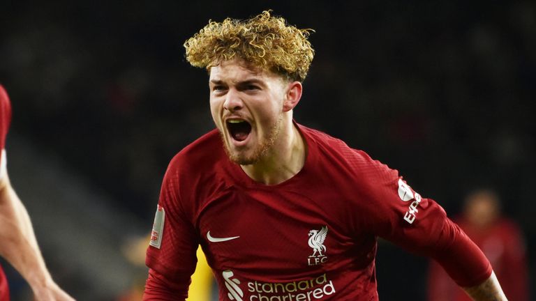 Liverpool&#39;s Harvey Elliott celebrates after scoring the opening goal against Wolves in the FA Cup