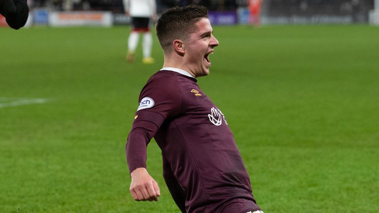 EDINBURGH, SCOTLAND - JANUARY 18: Hearts Cammy Devlin celebrates after scoring to make it 5-0 during a cinch Premiership match between Hearts and Aberdeen at Tynecastle, on January 18, 2023, in Edinburgh, Scotland.  (Photo by Mark Scates / SNS Group)