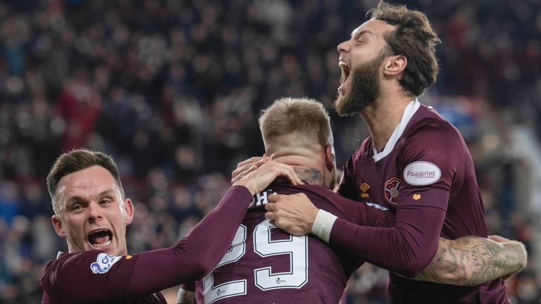 EDINBURGH, SCOTLAND - JANUARY 02: Hearts' Stephen Humphrys celebrates with teammates after making it 3-0 during a cinch Premiership match between Heart of Midlothian and Hibernian at Tynecastle, on January 02, 2023, in Edinburgh, Scotland. (Photo by Mark Scates / SNS Group)