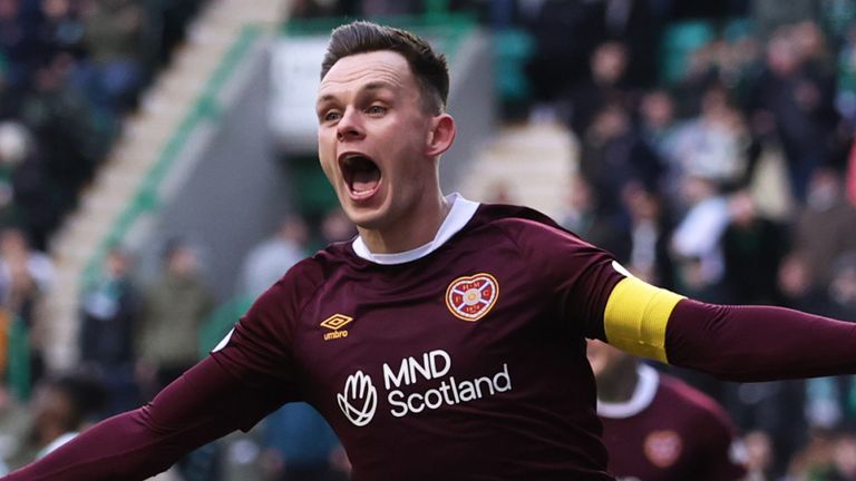 Lawrence Shankland celebrates after putting Hearts 2-0 up against Hibernian