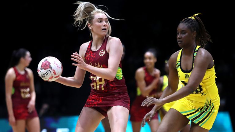 England's Helen Housby (left) and Jamaica's Malysha Kelly in action during the Vitality Netball International Series match at the AO Arena, Manchester. Picture date: Wednesday January 11, 2023.