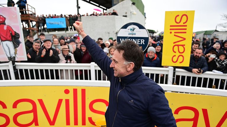 An emotional Henry de Bromhead salutes the crowd after Minella Indo's victory at Tramore
