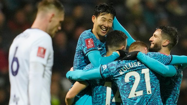 Heung-min Son celebrates his second goal in the 3-0 FA Cup win over Preston