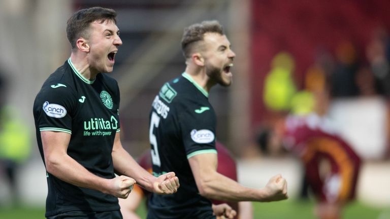 MOTHERWELL, SCOTLAND - JANUARY 08: Hibernian&#39;s Josh Campbell celebrates at full time during a cinch Premiership match between Motherwell and Hibs at Fir Park, on January 08, 2023, in Motherwell, Scotland. (Photo by Mark Scates / SNS Group)
