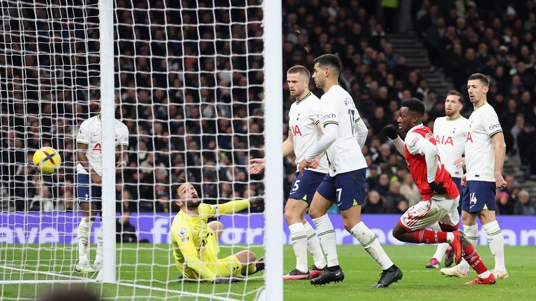 Hugo Lloris scores an own goal, giving Arsenal a 1-0 lead in the north London derby
