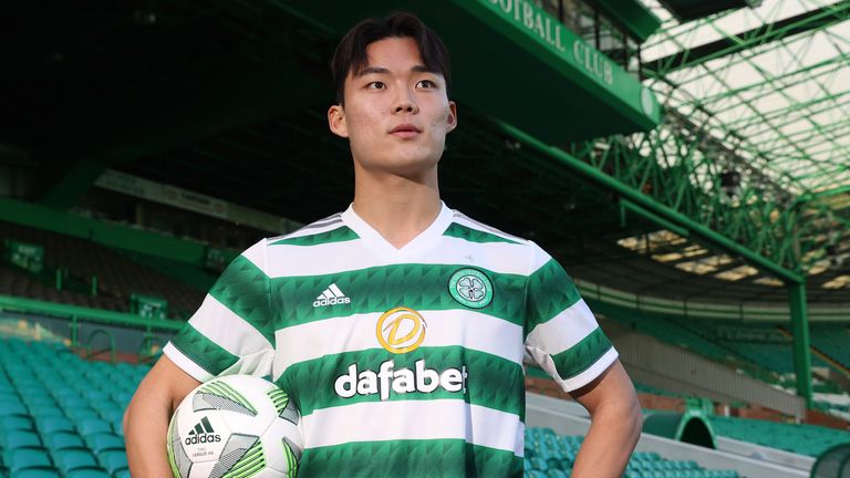 GLASGOW, SCOTLAND - JANUARY 26: New Celtic signing Hyeongyu Oh is unveiled during a press conference at Celtic Park, on January 26, 2023, in Glasgow, Scotland.  (Photo by Craig Williamson / SNS Group)