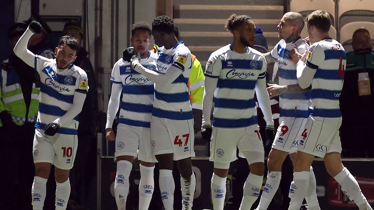 QPR' Ilias Chair celebrates with team-mates after scoring against Sheffield United
