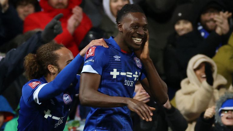 Freddie Ladapo celebrates after extending Ipswich's lead against Rotherham